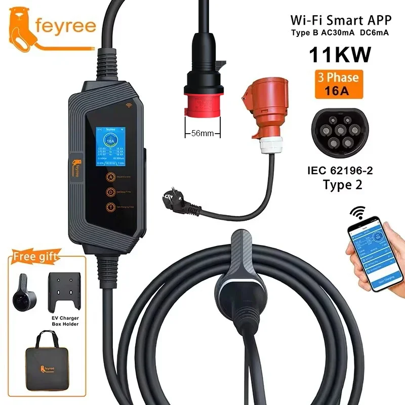 Type 2 Portable Ev Charger 11Kw Cee - Chargeur de voiture portable Feyree 11KW